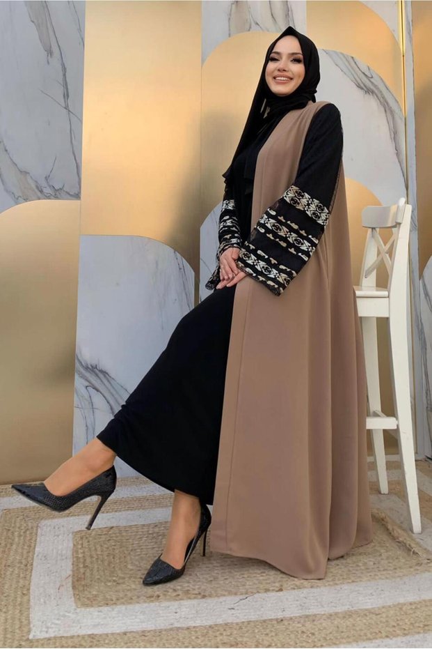 Women's Mink Sleeves with Embroidered Detail and Belted Ferace t 4187