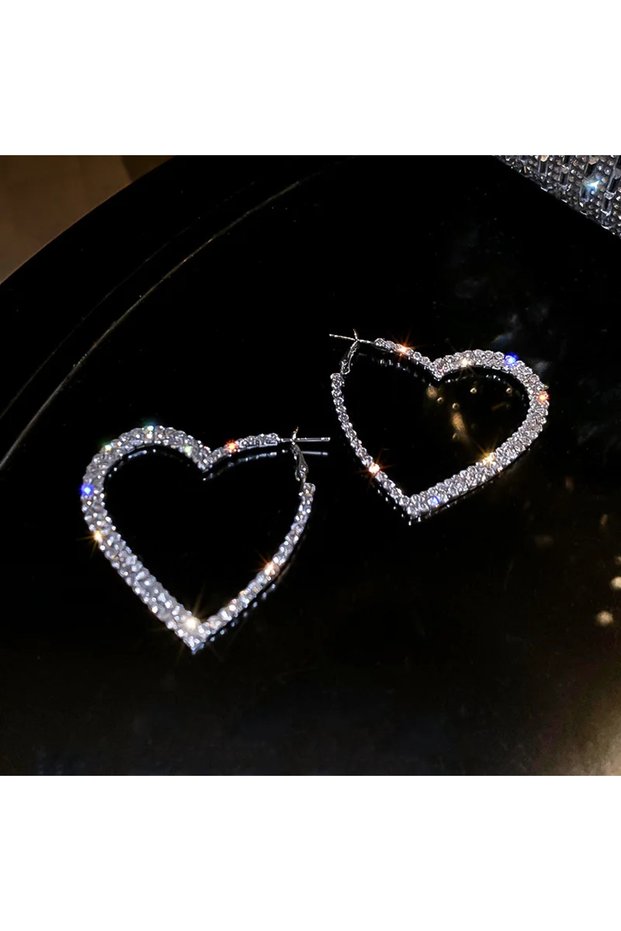 Silver color Shiny Full Crystal Rhinestones Heart Hoop Earrings for Women Personality Banquet Earrin