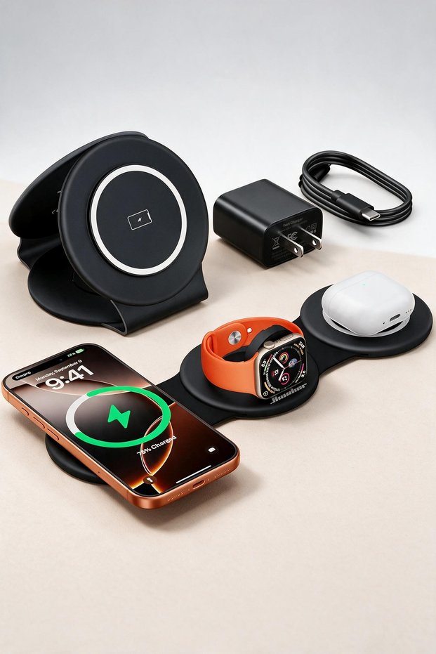 3-in-1 Magnetic Wireless Charger for iPhone 13-17 Watch and AirPods - 15W Fast Charging Foldable Travel Dock USB-C Qi Stand Black