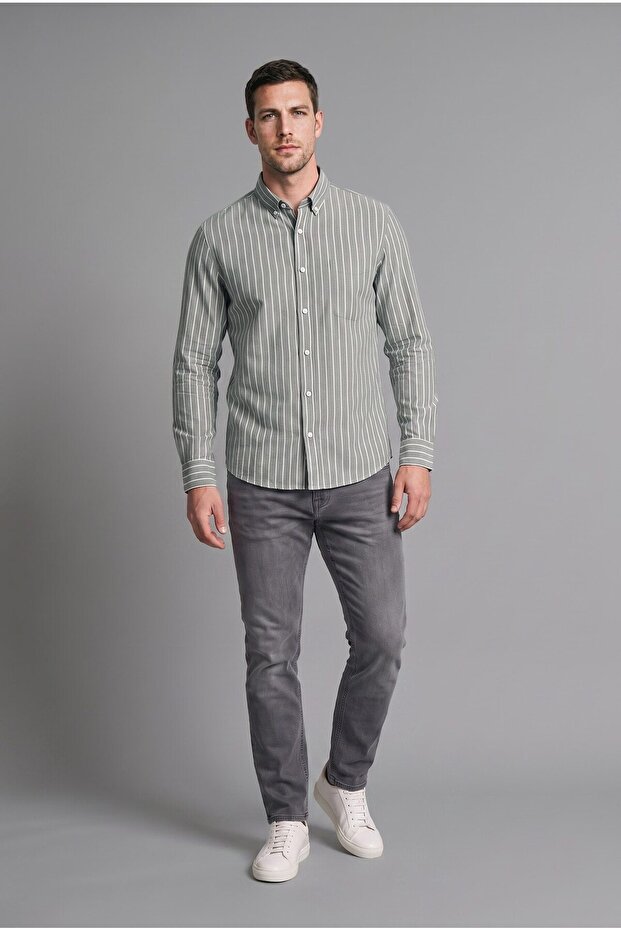 Regular Fit Buttoned Collar Striped Woven Pocket Long Sleeve Shirt E7840Ax26Au