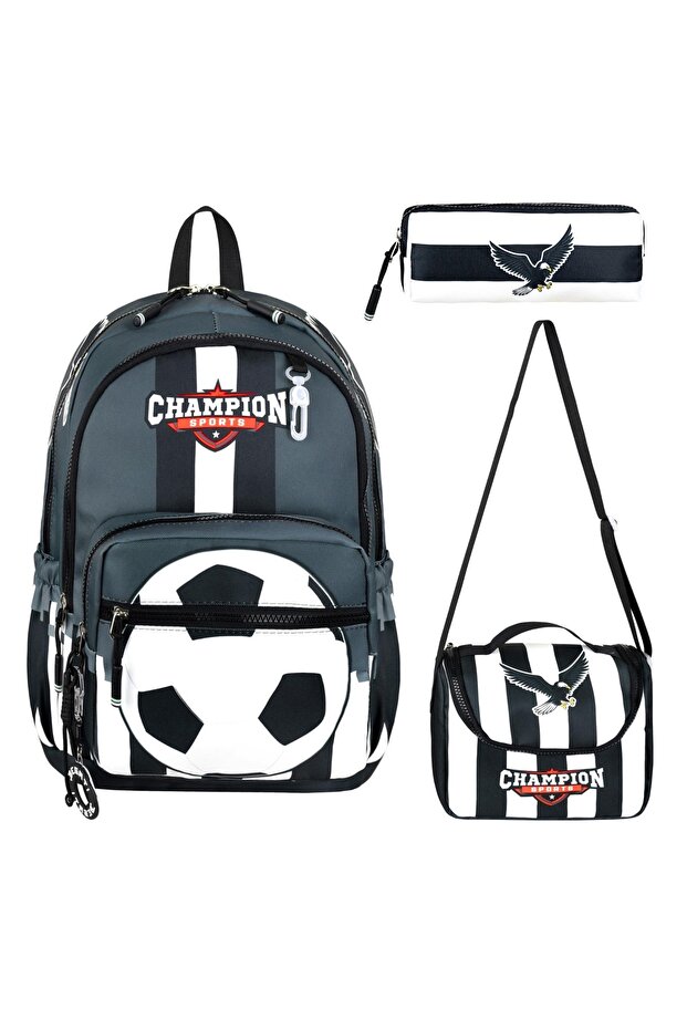 Black and White Soccer Ball Patterned Triple Men's Primary School School Bag (Bag Thermal Lunch Pencil Case)