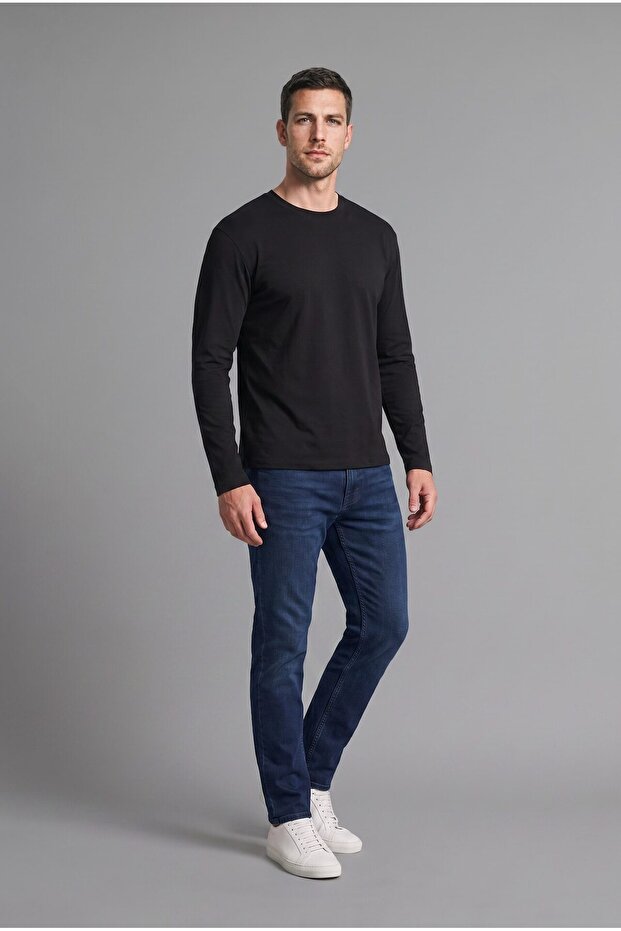 100% Cotton Regular Fit Crew Neck Contrast Detailed Long Sleeve Basic T-Shirt H8358Ax26Au