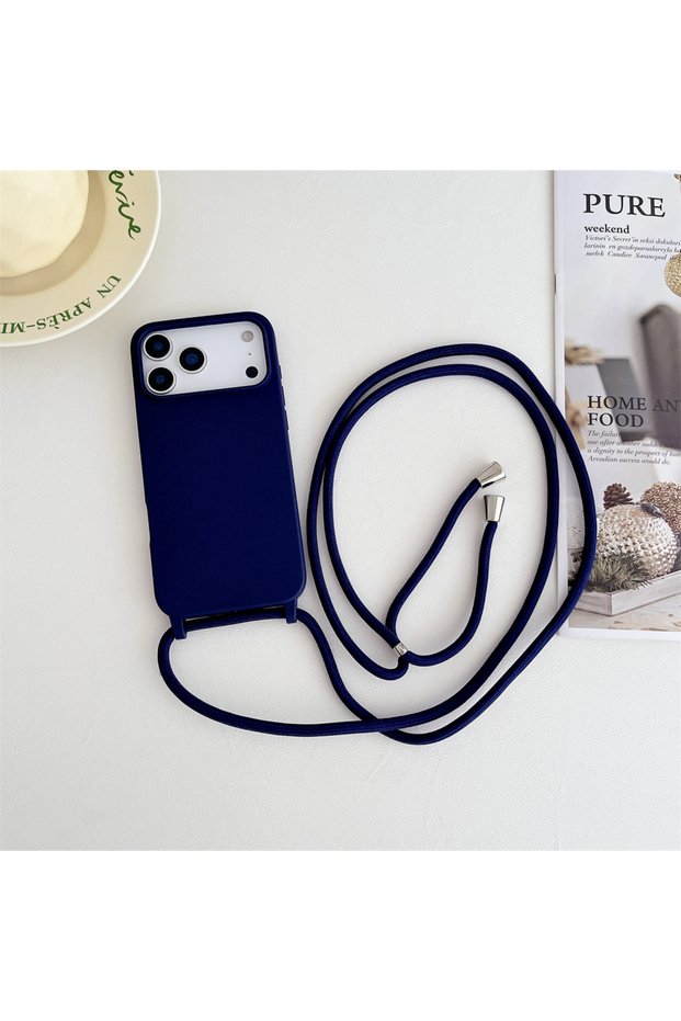 iPhone17 Pro Navy Crossbody Lanyard Cord Liquid Silicone Soft Phone Case for Apple IPhone 18 17 16 1
