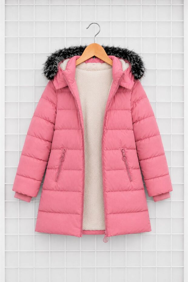 Girl's Pink Puffer Coat Hooded Fur Winter Long Model