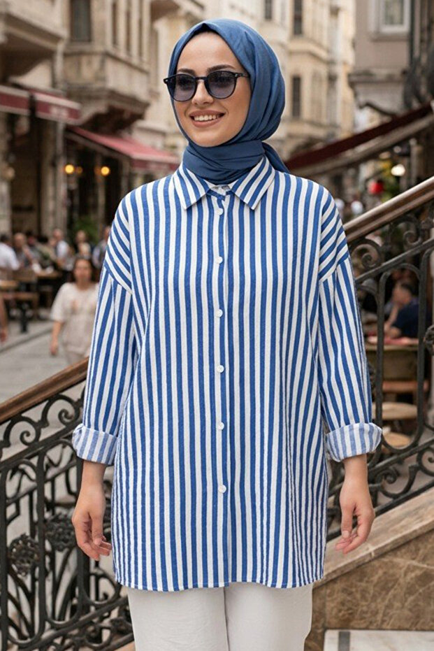 Striped Modal Blue Hijab Shirt 52342m