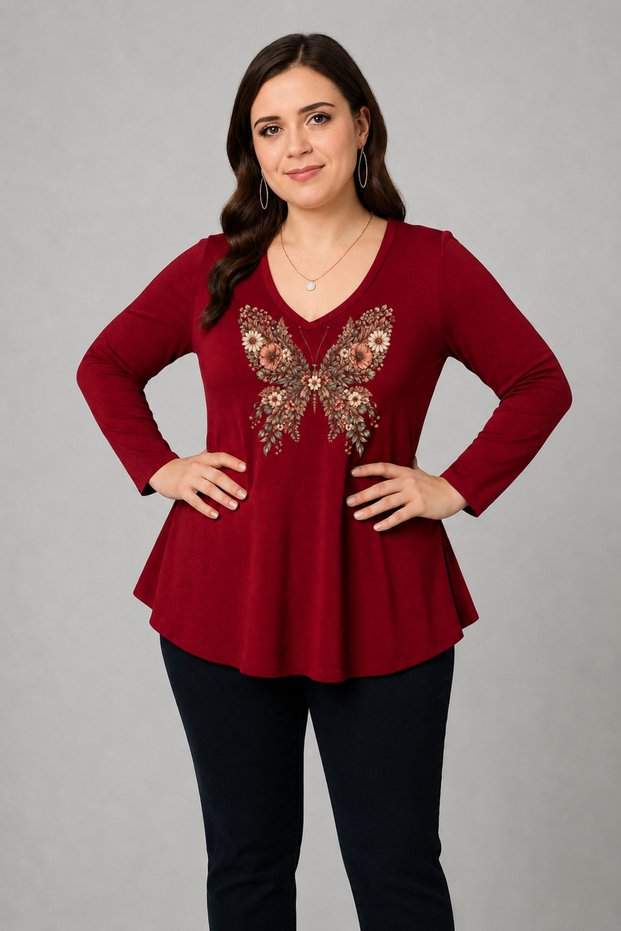 Plus Size Floral Butterfly Printed V-Neck Long Sleeve Wide Hem Blouse Burgundy
