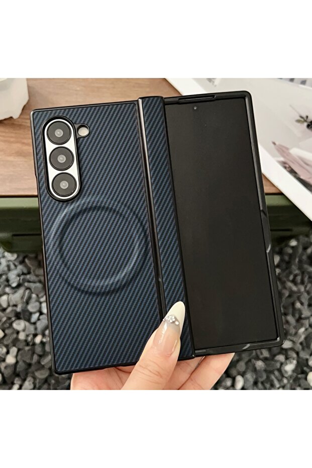 Galaxy Z Fold7 Navy Blue Luxury Carbon Fiber Magnetic Hinge Phone Case For Samsung Galaxy Fold 8 7 6