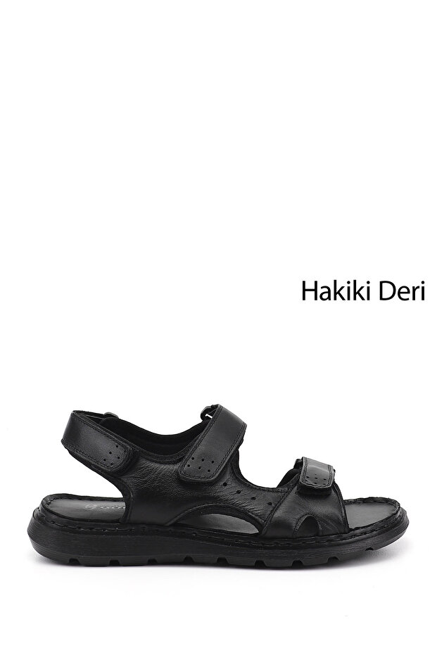 Men's Black Adjustable Velcro Strap Genuine Leather Sandals