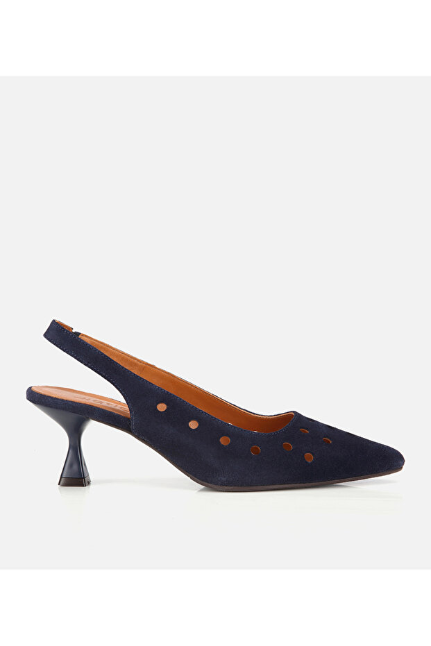 Women's Suede Leather Navy Blue Perforated Open Back Short Heeled Stiletto