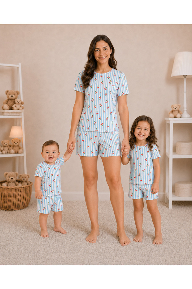 Mother and Child Matching Pajama Set Cherry Striped Pattern Short Sleeve Shorts (SOLD SEPARATELY)