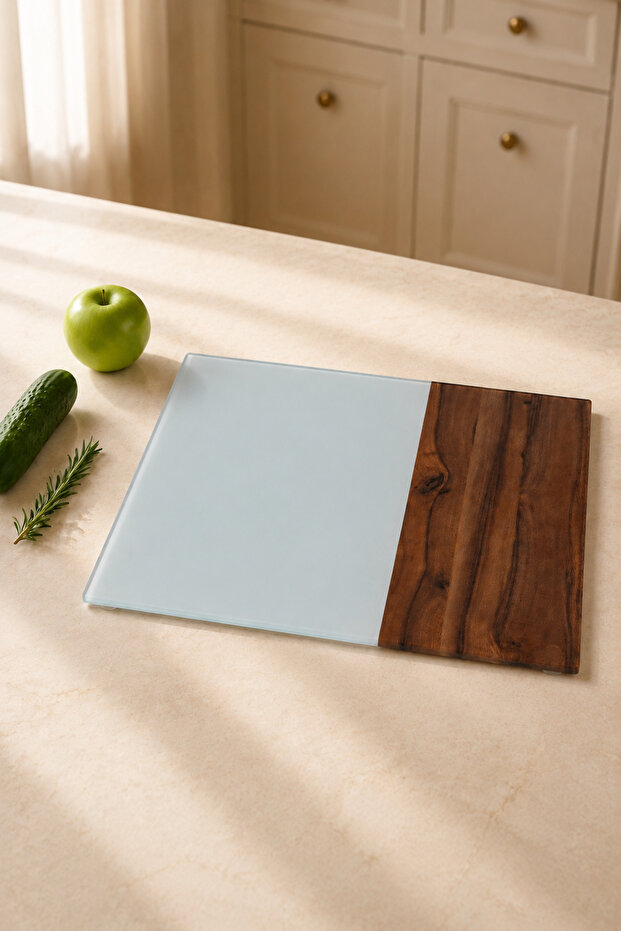 Wooden Patterned Tempered Glass Cutting Board – 35 × 25 cm