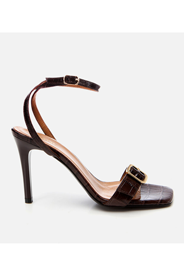 Women's Leather Brown Belted Heeled Sandals