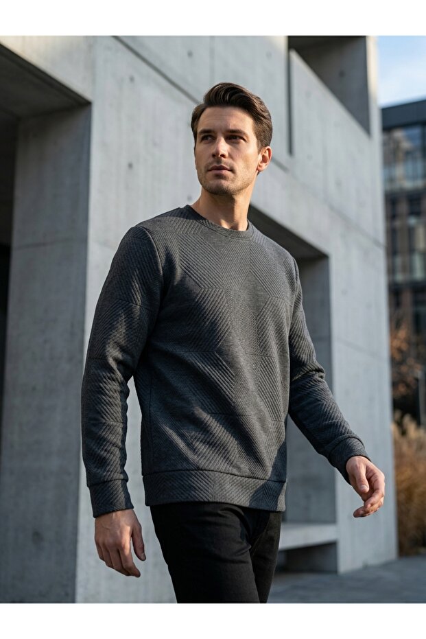 Cavalry Loose Cut O-Neck Quilted Ethnic Patterned Gray Sweatshirt