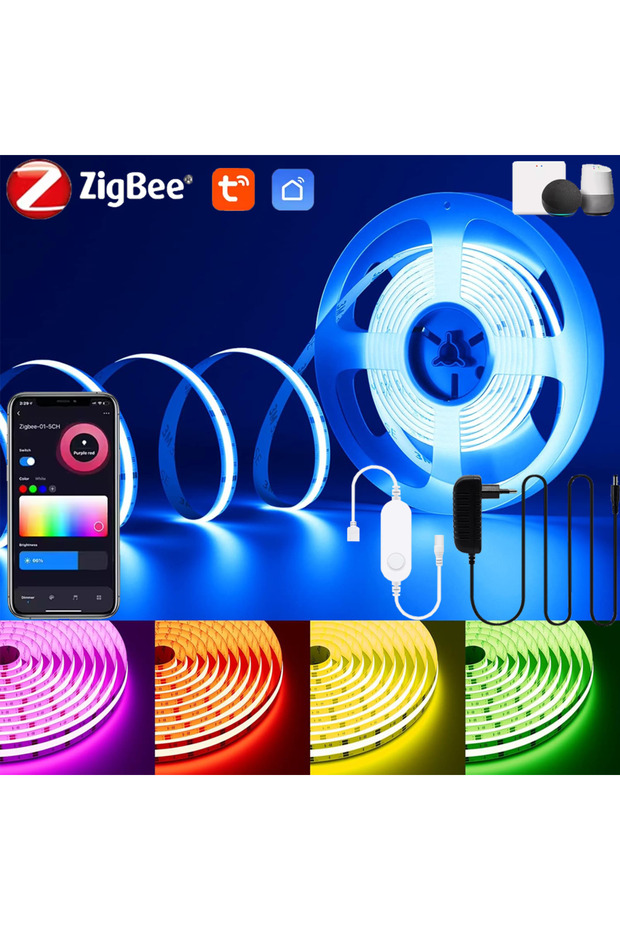 شريط إضاءة LED COB بطول 5 أمتار، مزود بمقبس أوروبي، بتقنية Zigbee، يعمل بجهد DC24V، يحتوي على 840 مصباح LED/متر، قابل للتمديد من 1 إلى 5 أمتار، عالي الكثافة، مرن، مزود بوصلة FOB CO