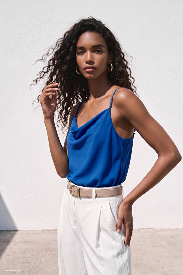 Strappy Collar Blouse - Sax Blue