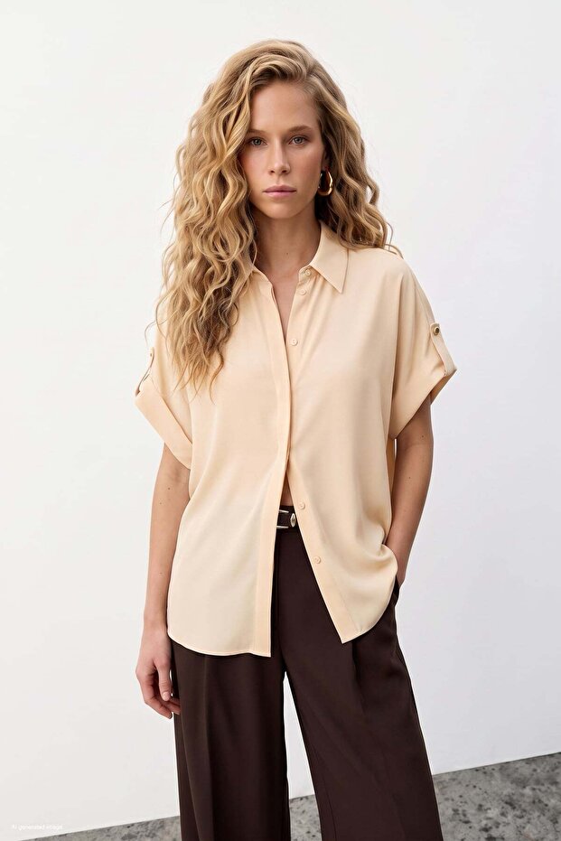 Casual Shirt with Sleeve Detail - Beige