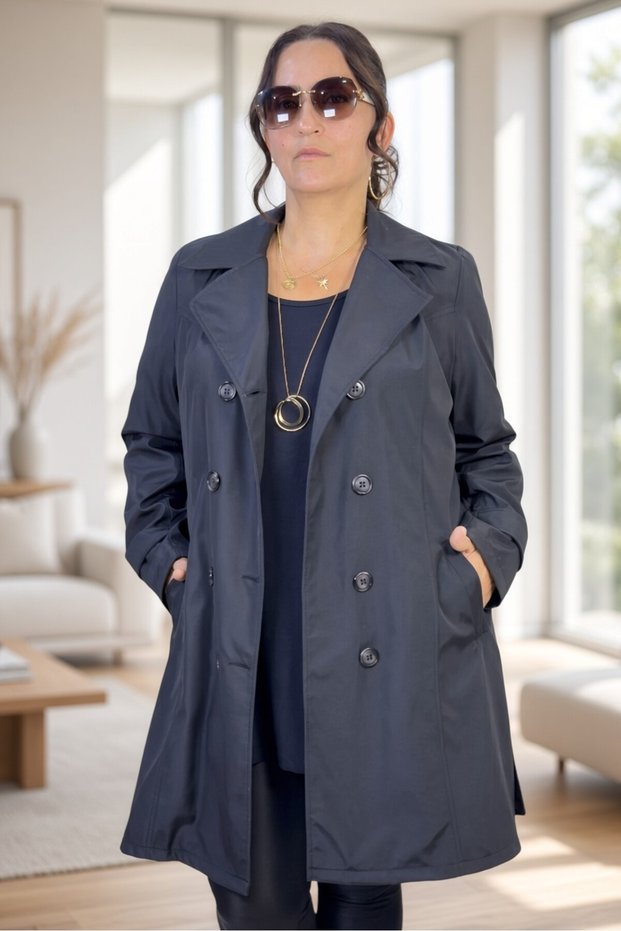 Wooden Button Detail Biblied Double-Breasted Women's Trench Coat in Medium Size