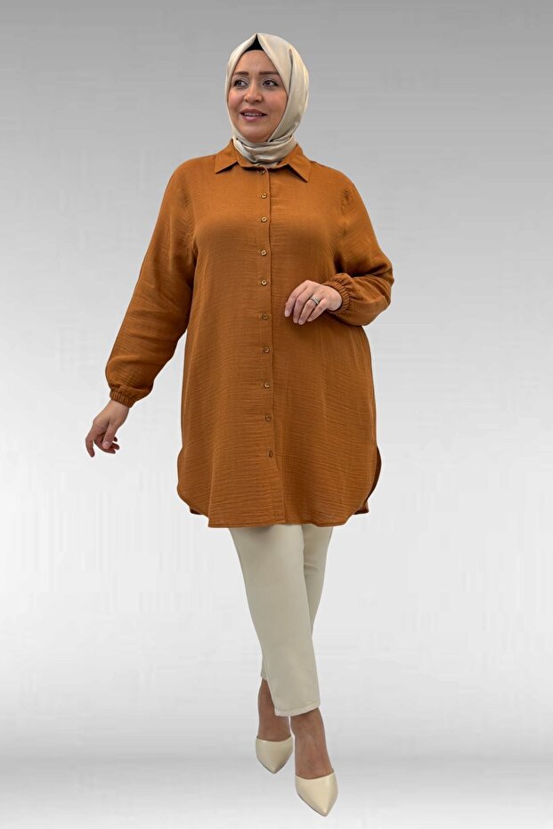 58091 Plus Size Muslin Shirt with Elastic Sleeves - Cinnamon