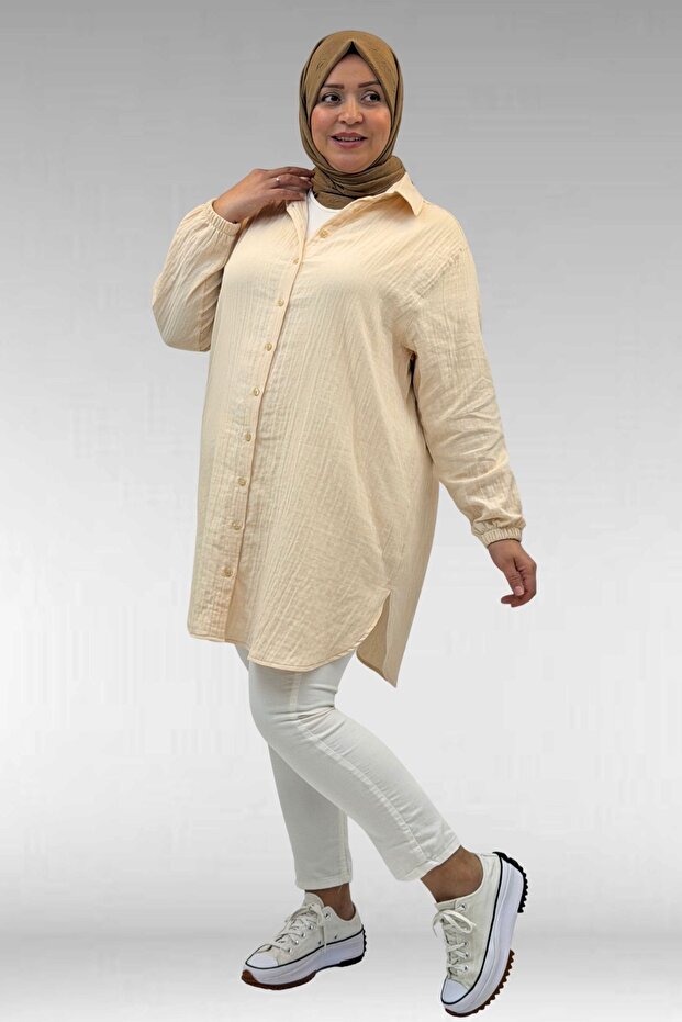 58091 Plus Size Muslin Shirt with Elastic Sleeves - Cream