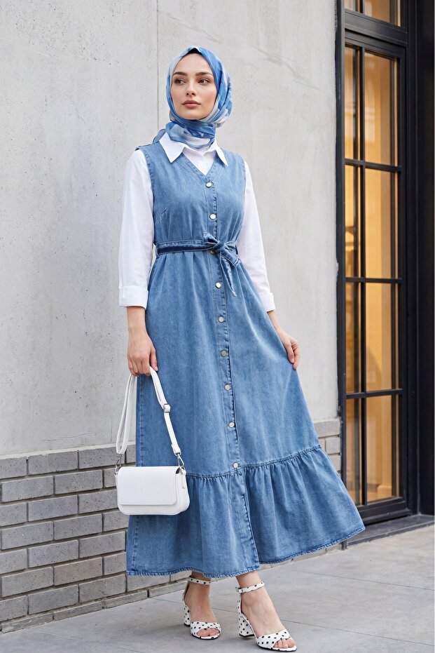 Belted, Button-Front, Pocketed Denim Vest - Ice Blue