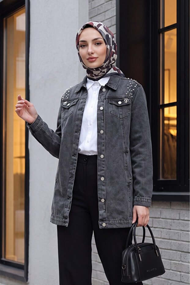 Stone Embroidered Washed Denim Jacket - Smoked