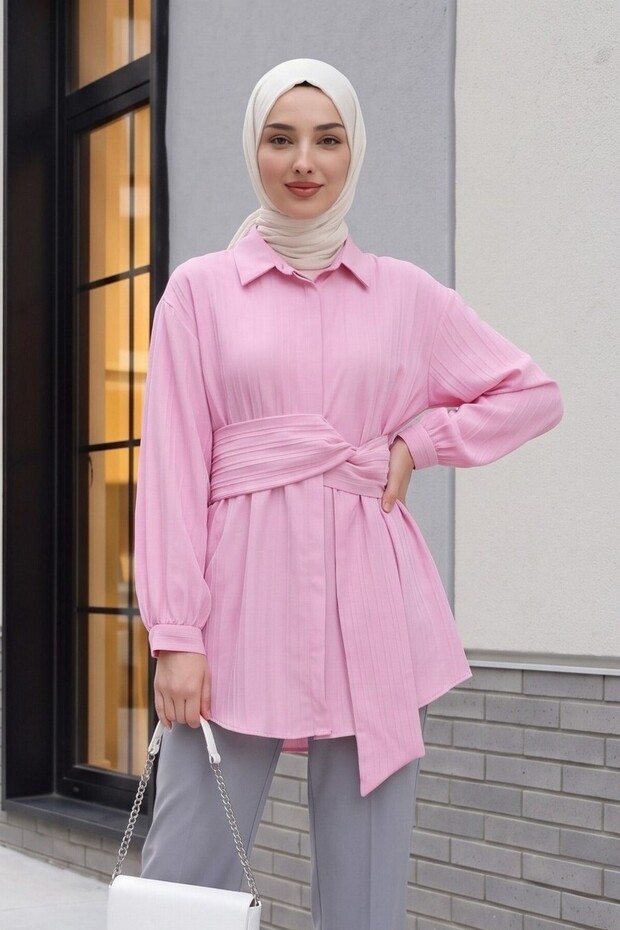 Fitted Crinkle Shirt with Tie-Up Waist - Pink