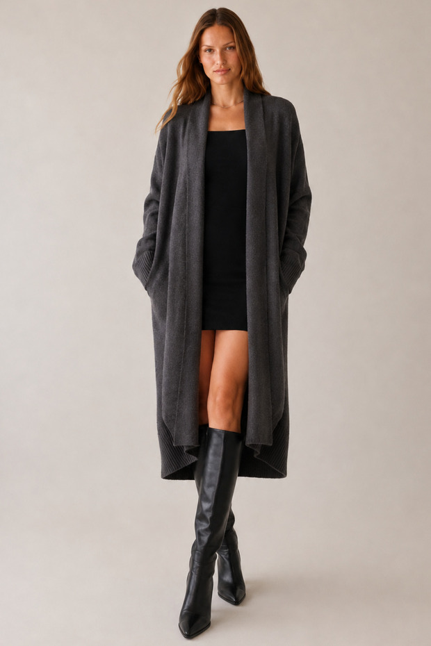 Women's Gray Shawl Collar Long Knitwear Cardigan