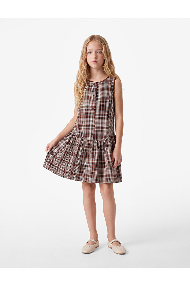 Buttoned A-Line Crew Neck Sleeveless Plaid Dress