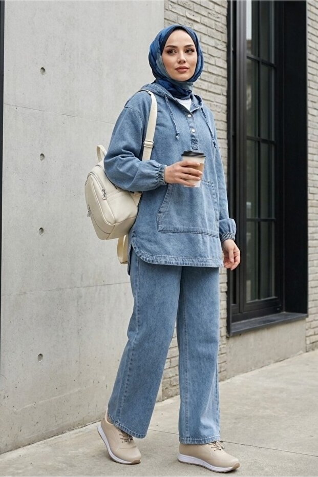 Kangaroo Pocket Hooded Jeans Set with Snap Front - Blue
