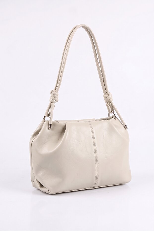 Women's Beige Shiny Textured Knot Detailed Large Internal Volume Adjustable Cross Strap Shoulder Bag