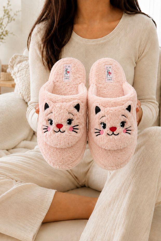 Caty Powder Plush Cat Figured Closed Toe Non-Slip Winter Warm Comfortable Women's Home Bundle Dowry Slippers