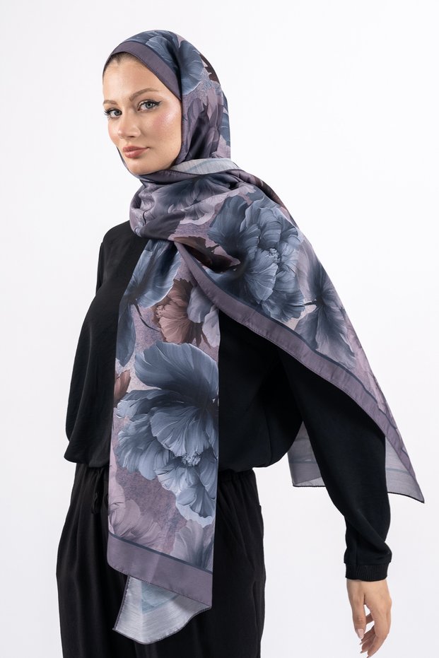 Flower Pattern Cotton Shawl, Imported Fabric, High Quality & New Season Shawl, Rosea Collection "Smoke Gray"