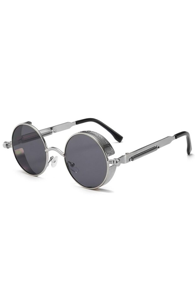 DUTRIEUX Silvery Gray Classic Steampunk Sunglasses for Men and Women Retro Round Metal Frame Sunglas