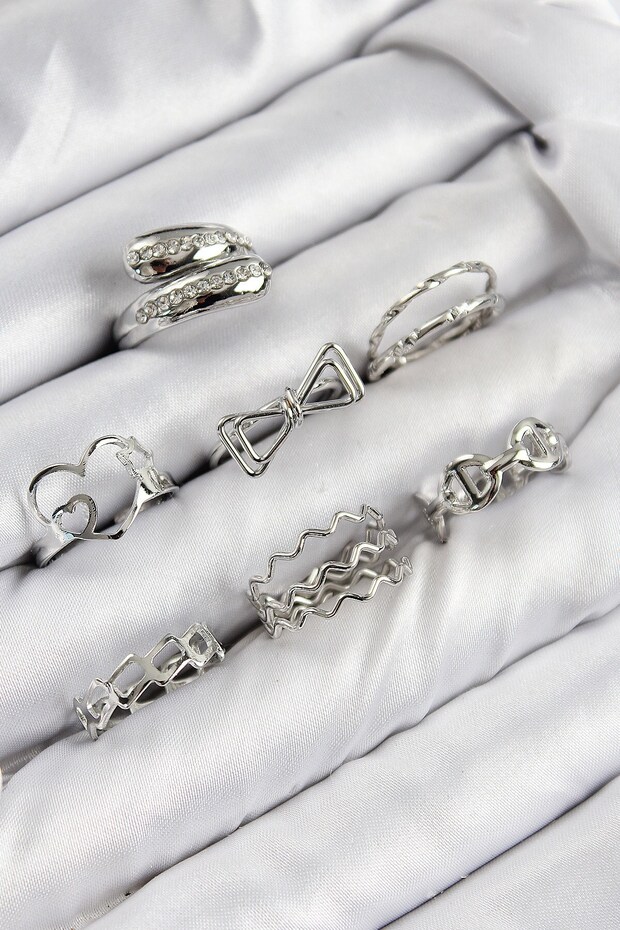 Brass Zircon Stone Bow and Heart Model Silver Color Women's Ring Combination Set