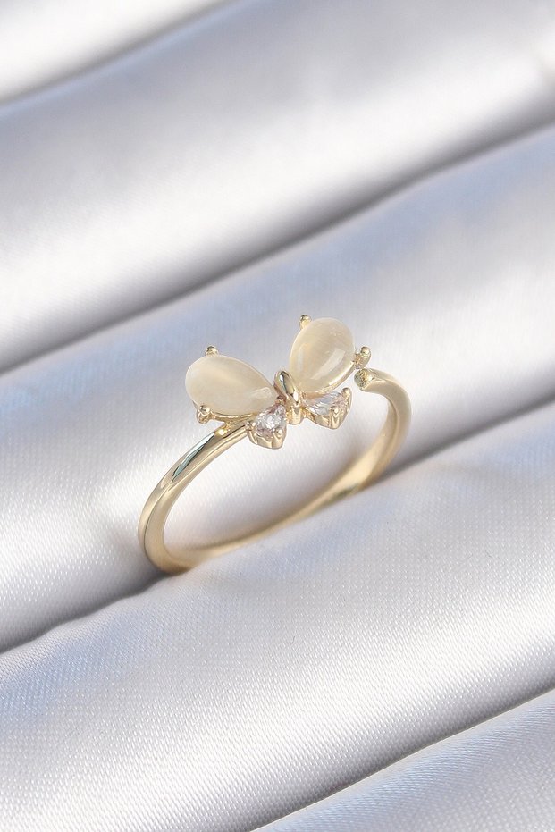 Brass Gold Color White Enamel Zircon Stone Butterfly Model Women's Ring