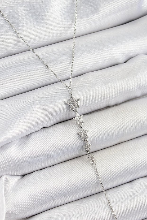 Brass Zircon Stone Row Star Figure Y Model Silver Color Women's Necklace
