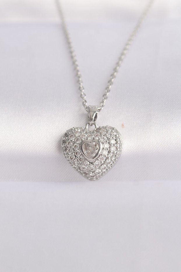 316L Steel Chain Silver Color Zircon Stone Heart Necklace