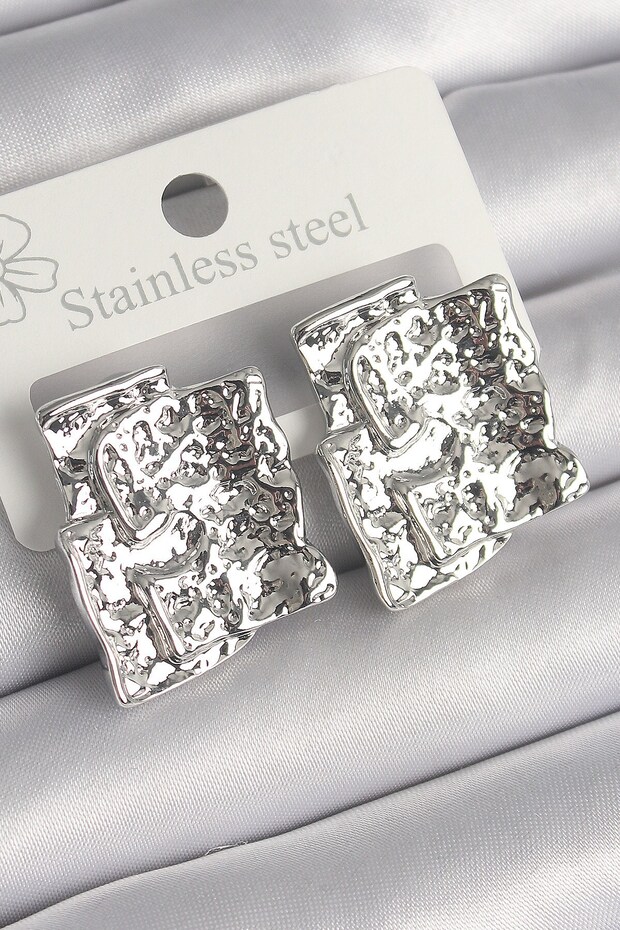 Brass Silver Color Embroidered Square Plate Model Women's Earrings