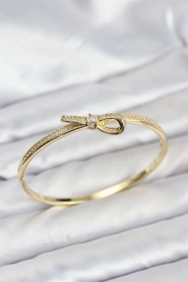 Brass Gold Color Zircon Stone Bow Model Women's Handcuff Bracelet