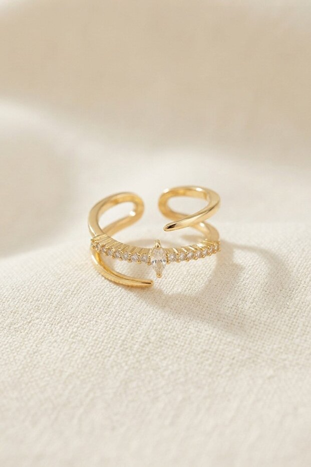 Gold Color Tailed Double Row Stone Model Women's Ring