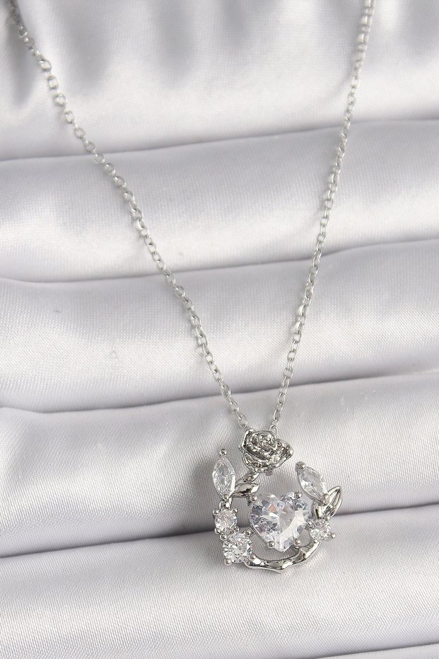 316L Steel Silver Color Chain Zircon Stone Heart Figure Rose Detail Women's Necklace