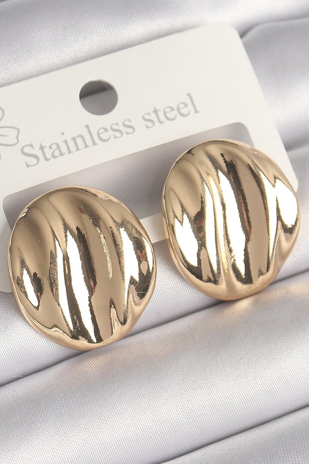 Brass Gold Color Embroidered Circle Plate Model Women's Earrings