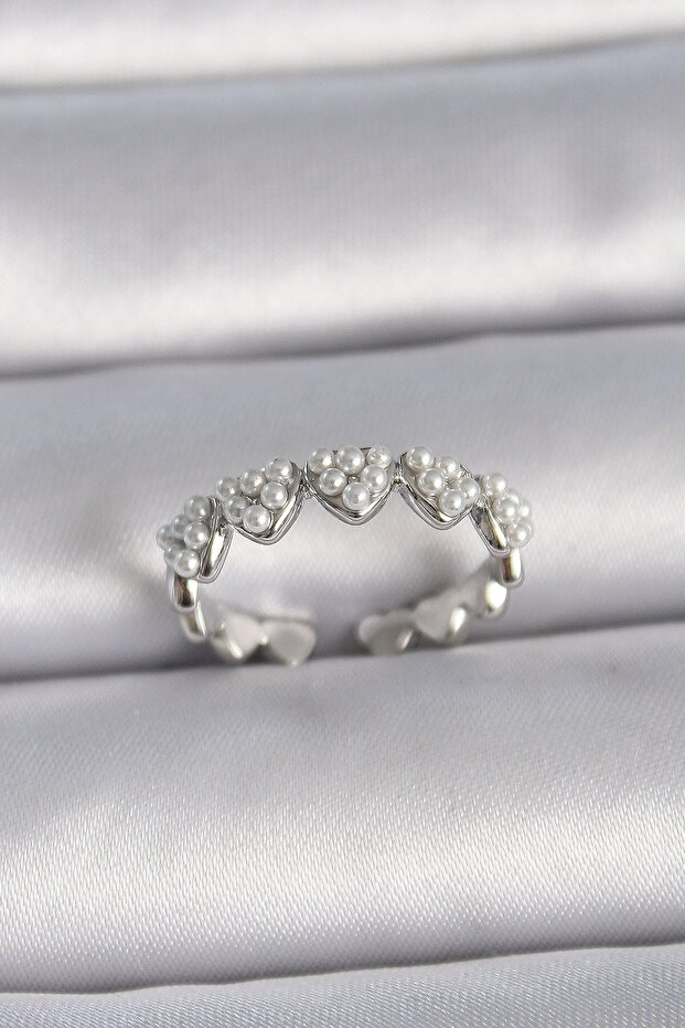 Brass silver color adjustable pearls heart model women ring