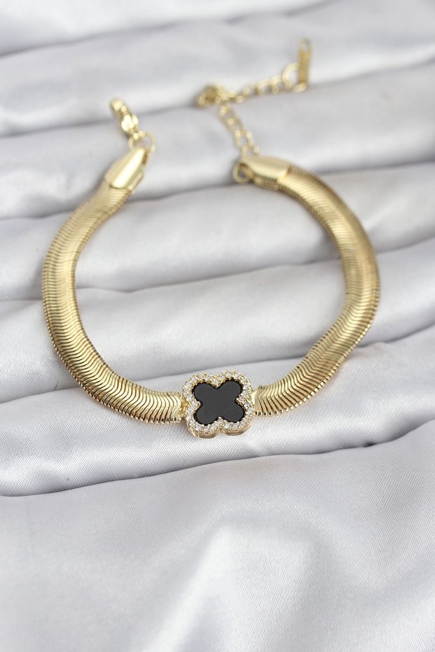 316L Steel Gold Color Black Clover Model Zircon Stone Snake Chain Women's Bracelet