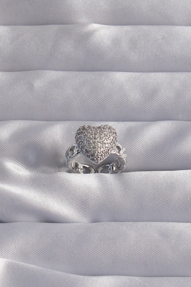 Brass Adjustable Silver Color Zircon Stone Curved Heart Ring
