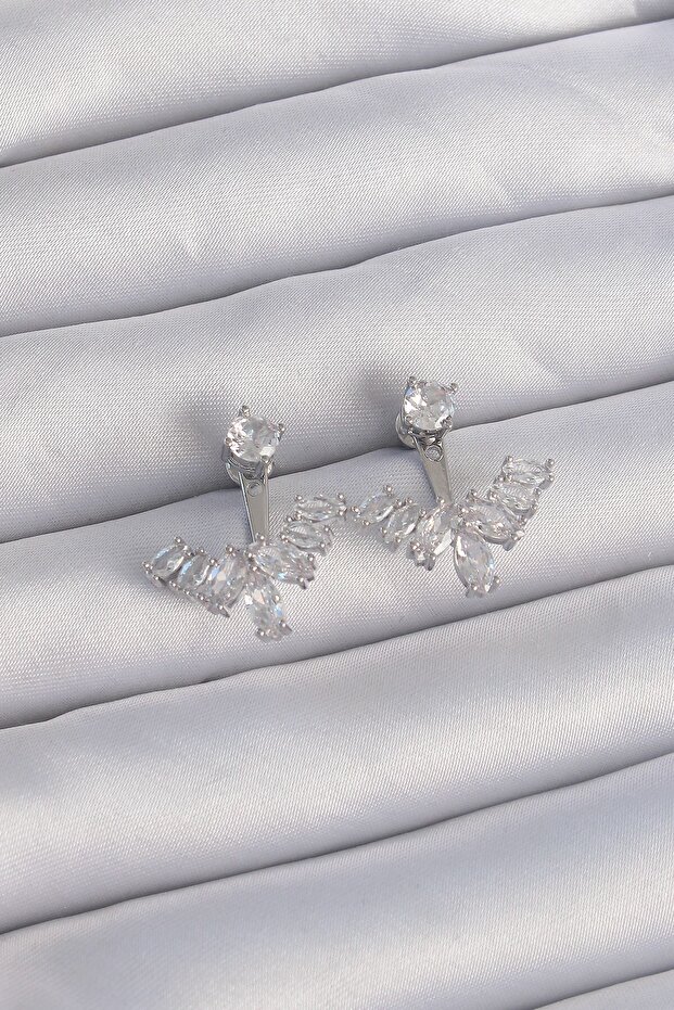 Brass Silver Color Zircon Stone V Model Earrings