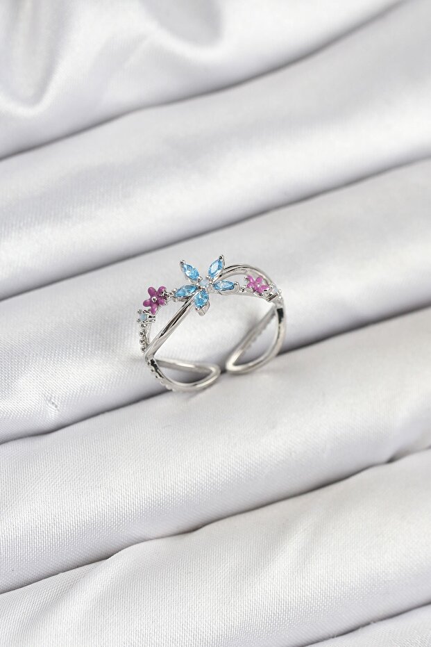 Brass Silver Color Zircon Stone Blue Flower Women Ring