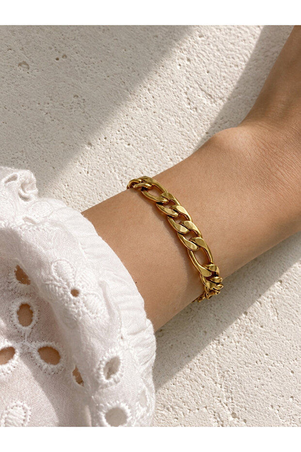Steel Gold Thick Figaro Basic Bracelet - Non-darkening-
