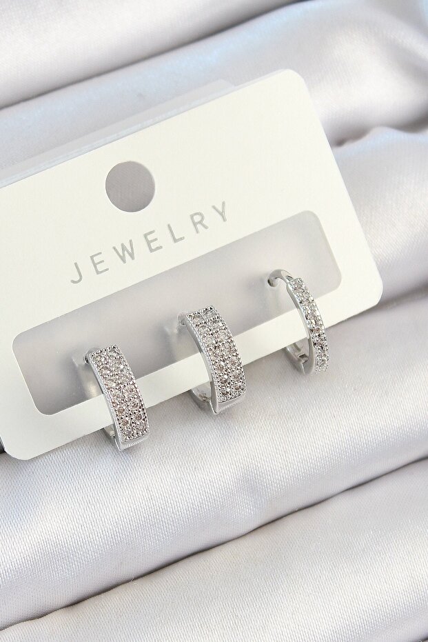 Brass Zircon Stone Hoop Model Silver Color 3-Piece Double Women's Earring Set
