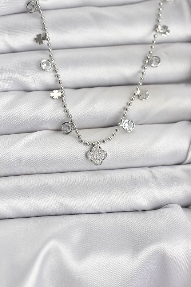 Brass Silver Color Clover Model Women's Necklace